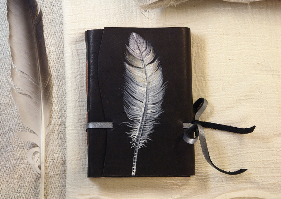 quill leather journal - feather plume - handmade leather journal, notebook diary with parchment pages
