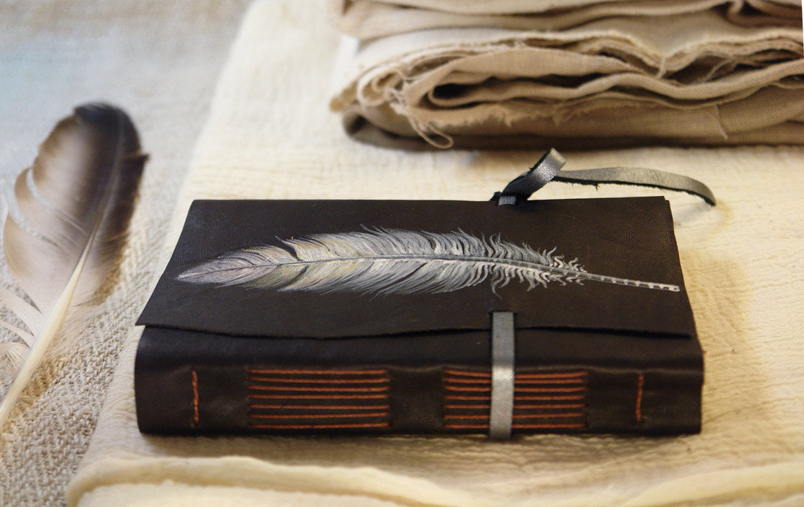 quill leather journal - feather plume - handmade leather journal, notebook diary with parchment pages