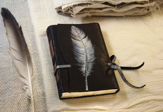 quill leather journal - feather plume - handmade leather journal, notebook diary with parchment pages