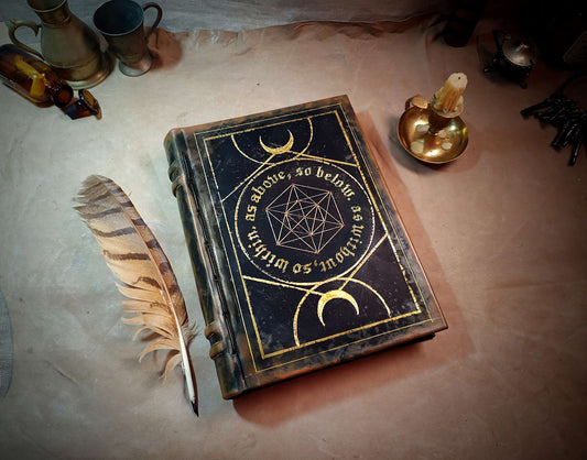 Sacred Geometry - Black Leather Grimoire, Spellbook, Mystical Book of Shadows, Handmade Journal