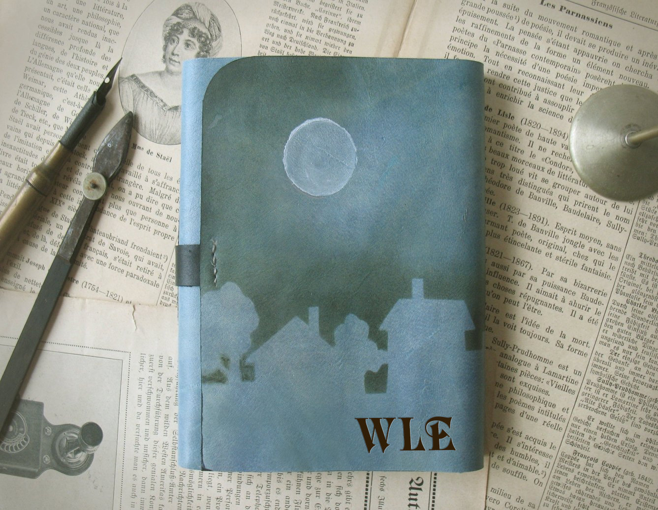 handmade leather journal - blue leather notebook - real painted leather  diary - travel notebook - vintage style paper - Moon Light
